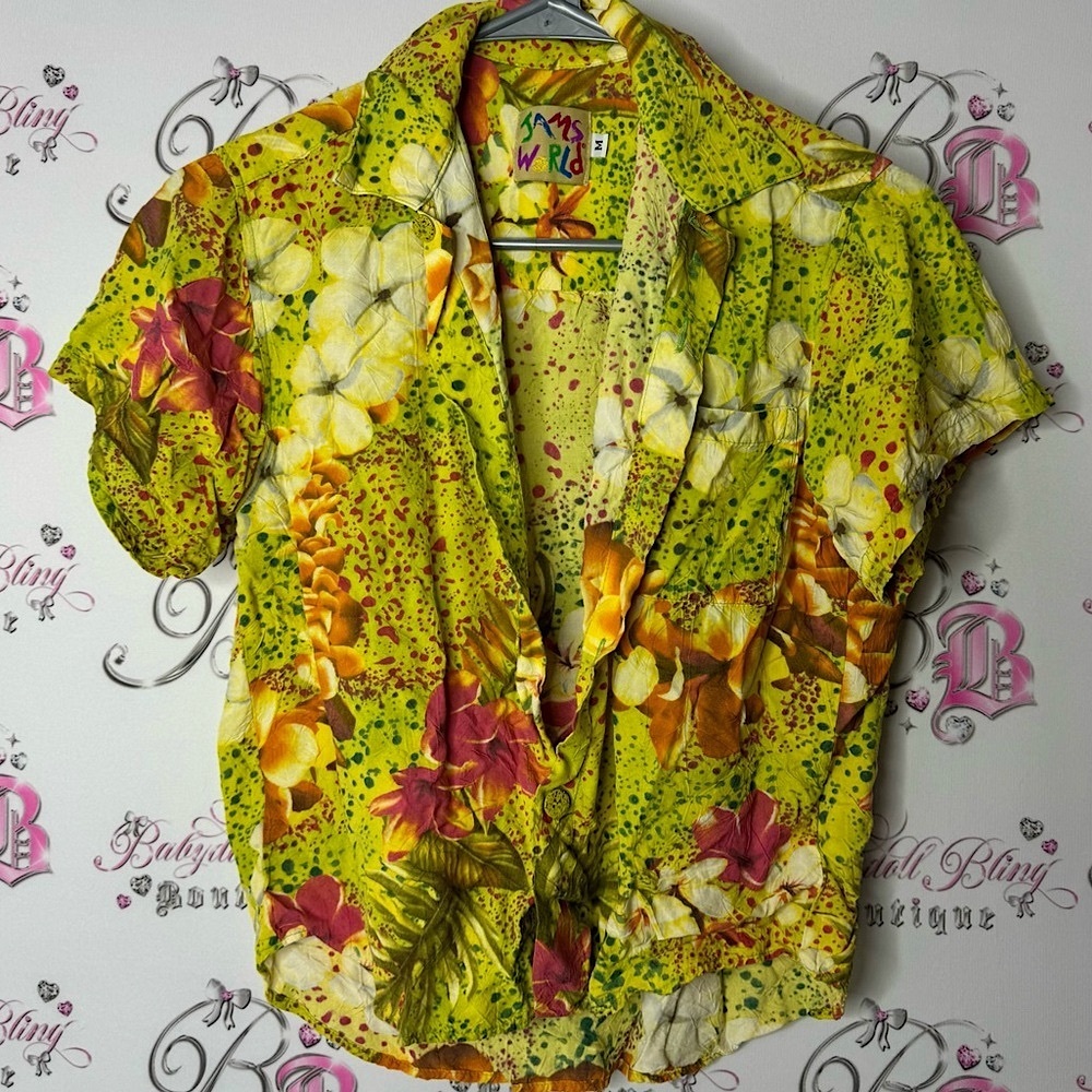 Jams World tshirt button up floral flowers Yellow Pink Crop Button Down Shirt